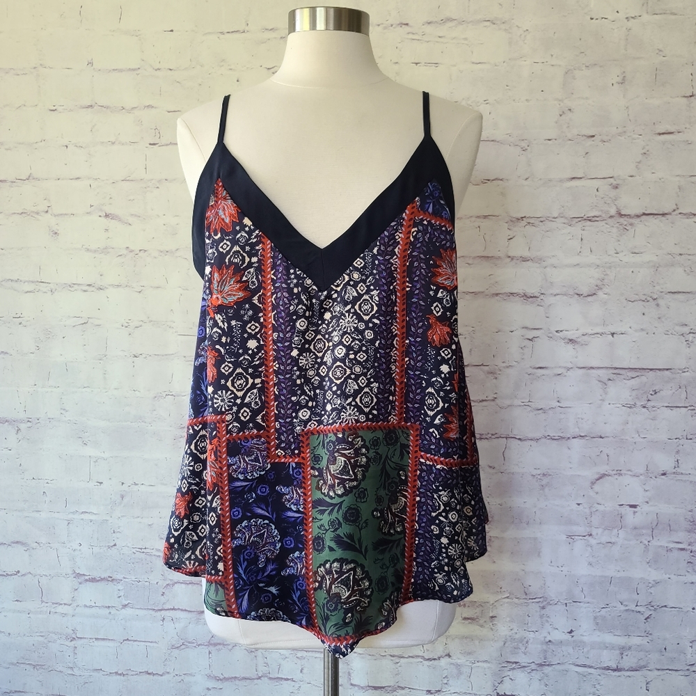 Zara Navy Patchwork Scarf Print V-Neck Camisole Tank Large